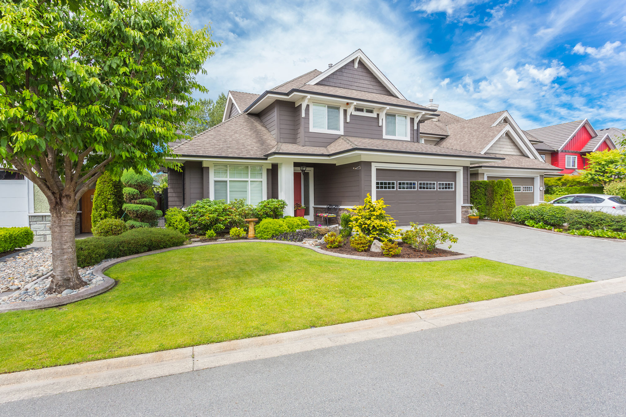 House complete. Lawn in Front of the House. House Key Front. Landing tends to House. Close-up Trees next to House.